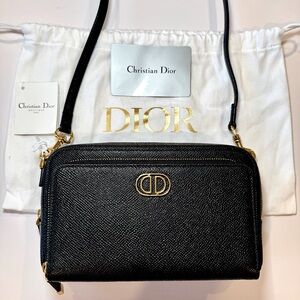 NWT Christian Dior Caro Double Pouch Crossbody Bag In Black Grained Calf Leather